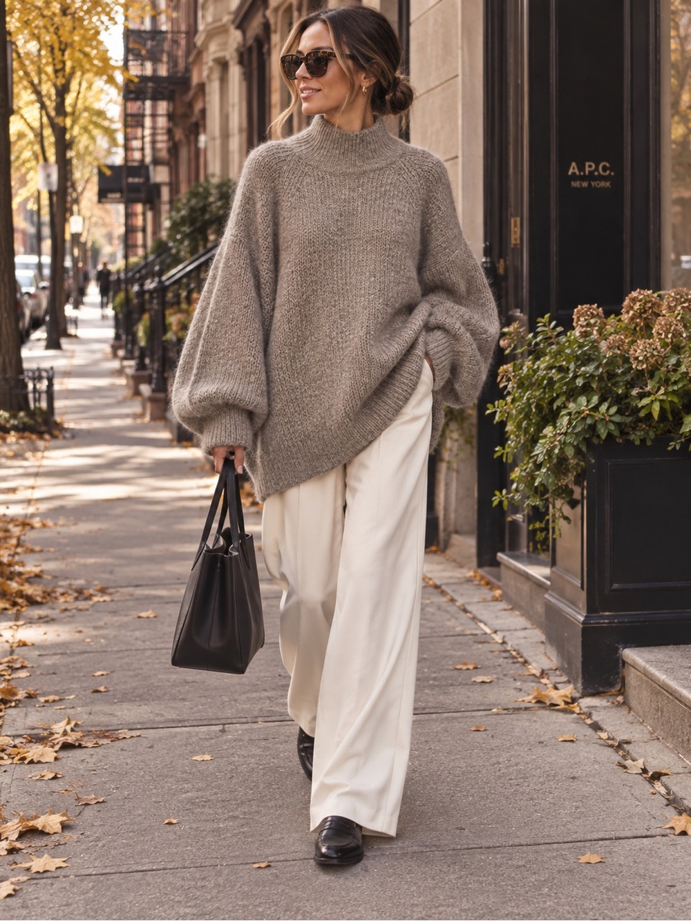 Zara Oversized Fuzzy Knit Mock Neck Sweater Taupe S-M